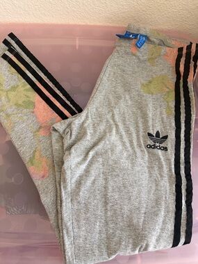 adidas Heather Gray Leggings with Black Stripes and Floral Accent